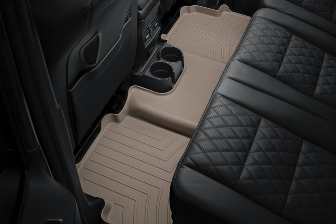 Tan all-weather rear car floor liners for full crew cab trucks