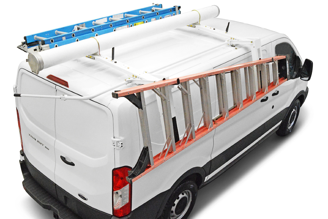 Drop down heavy duty aluminum ladder rack for commercial vans