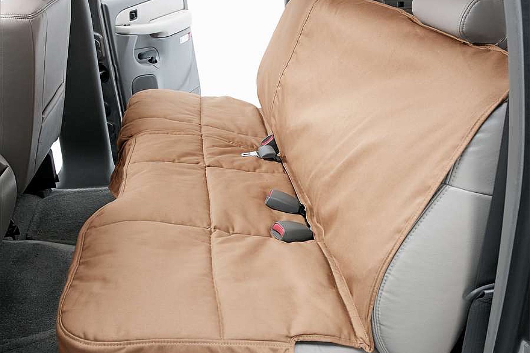 Tan quilted rear car bench seat cover for pets and cargo