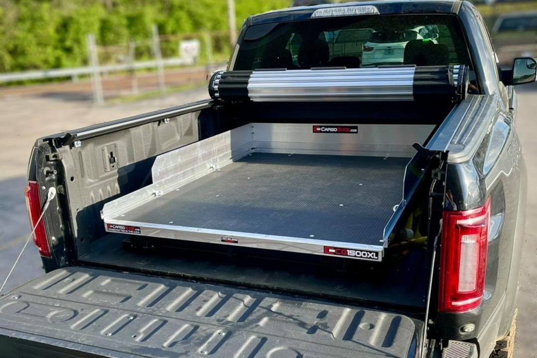 CargoGlide pull-out bed slide combined with BAK Revolver tonneau cover