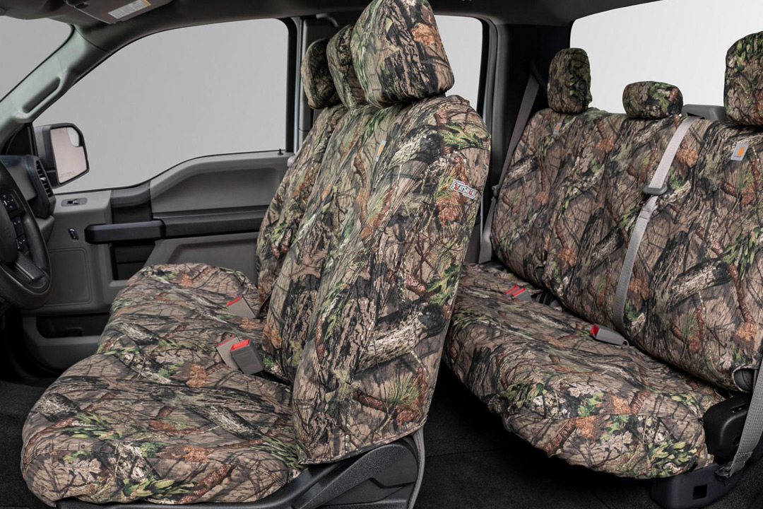 Camouflage seat covers in pickup truck interior
