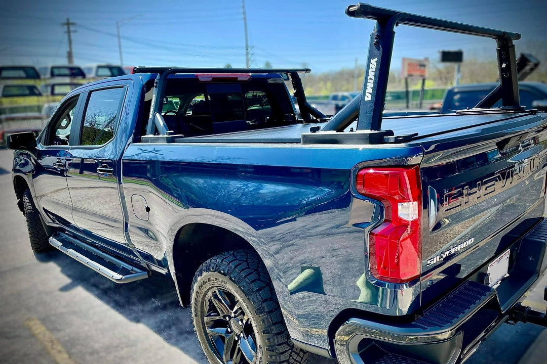 Chevy Silverado commercial fleet setup with tonneau cover and rack system